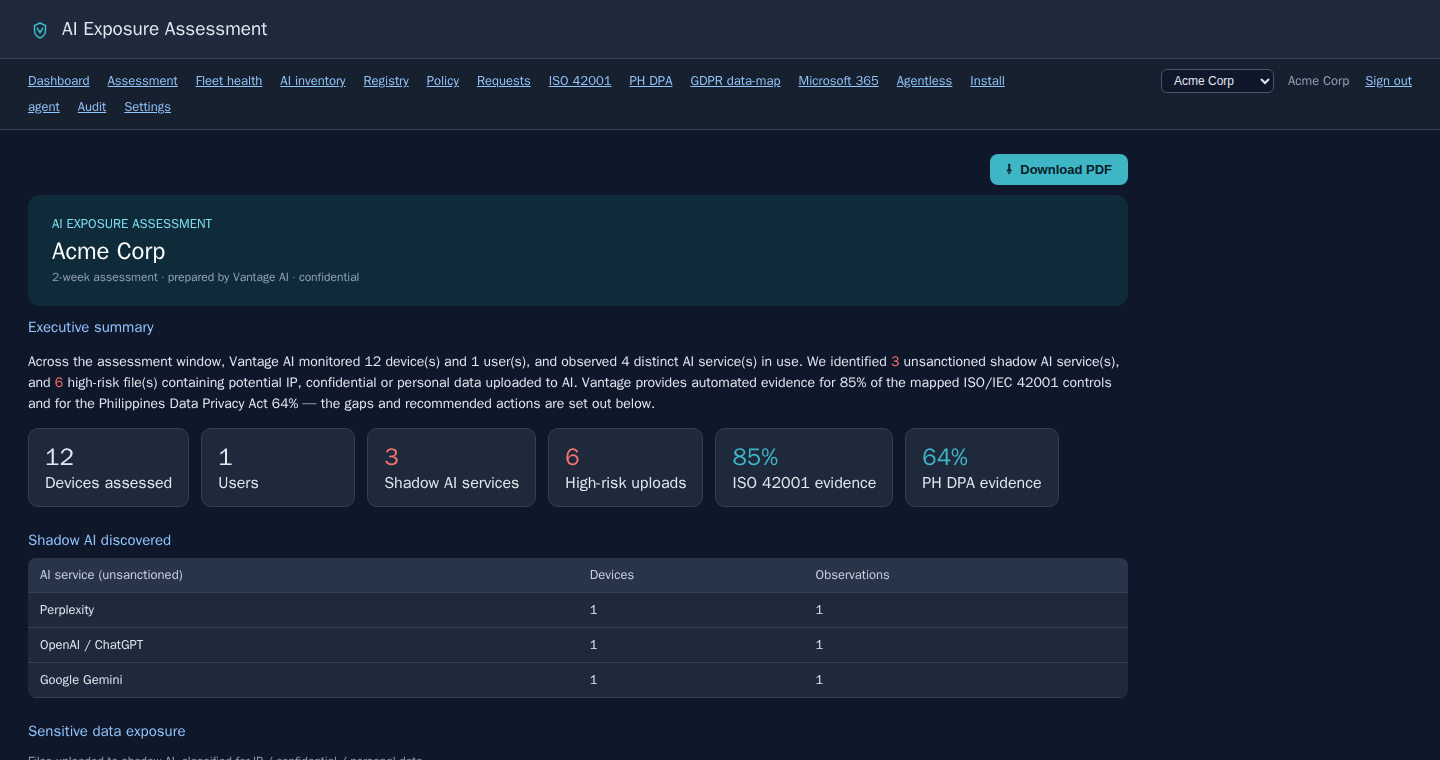 Vantage AI exposure assessment report with shadow AI findings and recommendations